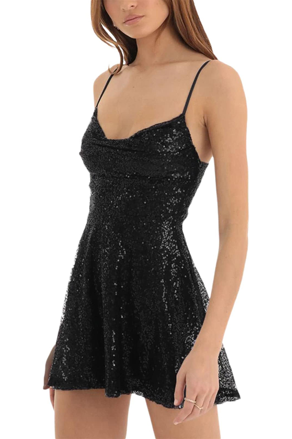 Stylish and Sexy Sequin Sling Backless Lace-up Mini Dress-consonak