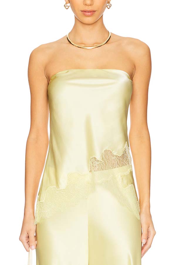 Odessa Satin Floral Lace Hem Strapless Tank and Mid Rise Wide Leg Pants Set-consonak