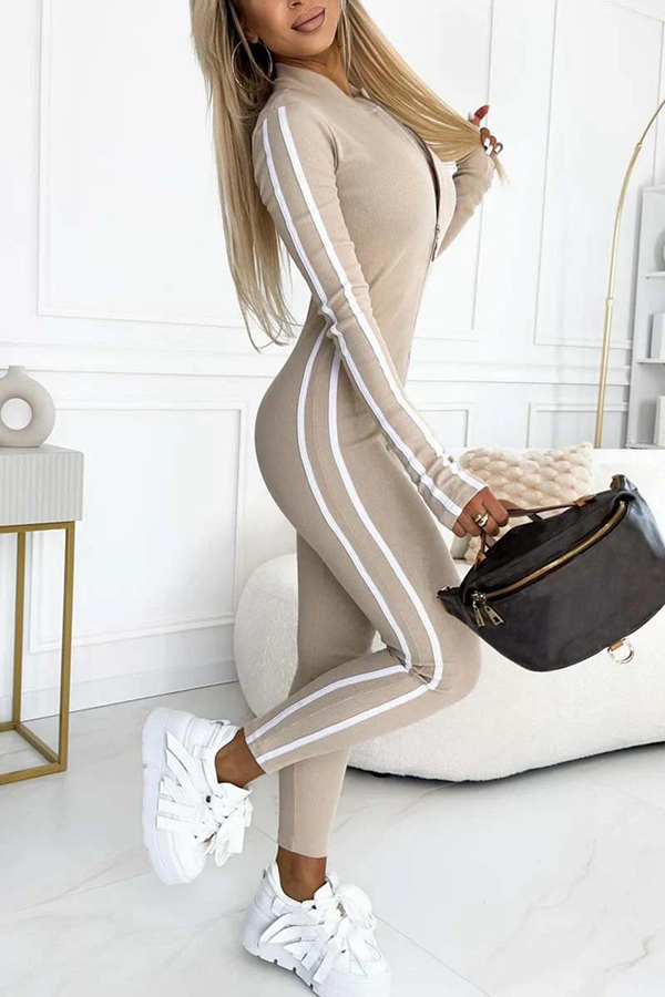 Sexy Slim-fitting Long-sleeved Striped Half-zip Jumpsuit-consonak