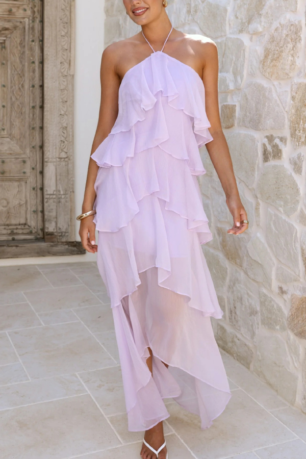 Solid Color Chiffon Halter Neck Elegant Ruffle Maxi Dress-consonak