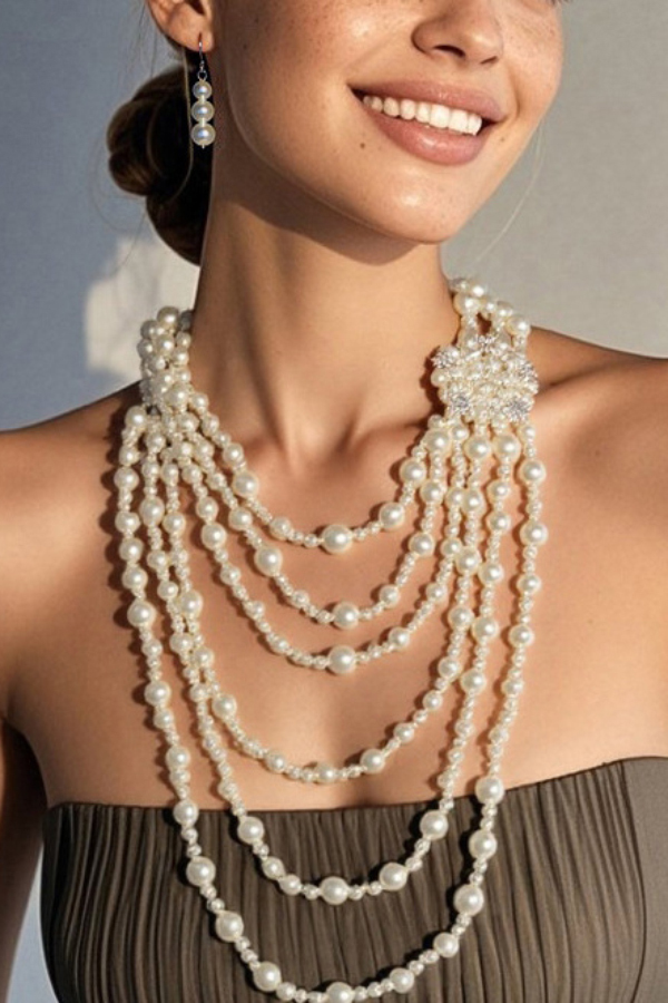 Fashionable Multi-layered Necklace with Diamond and Pearl Flowers