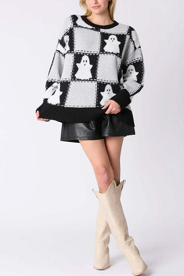 Halloween Plaid Ghost Loose Long Sleeve Knitted Sweater-consonak
