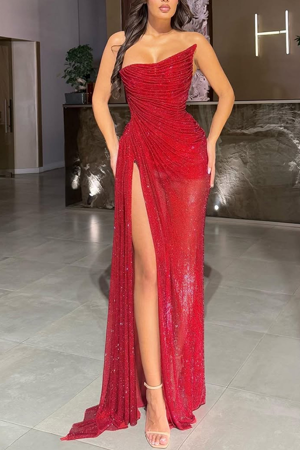 Lysette Sequin Pleated Design Irregular Off-shoulder Slit Drape Gown Maxi Dress-consonak