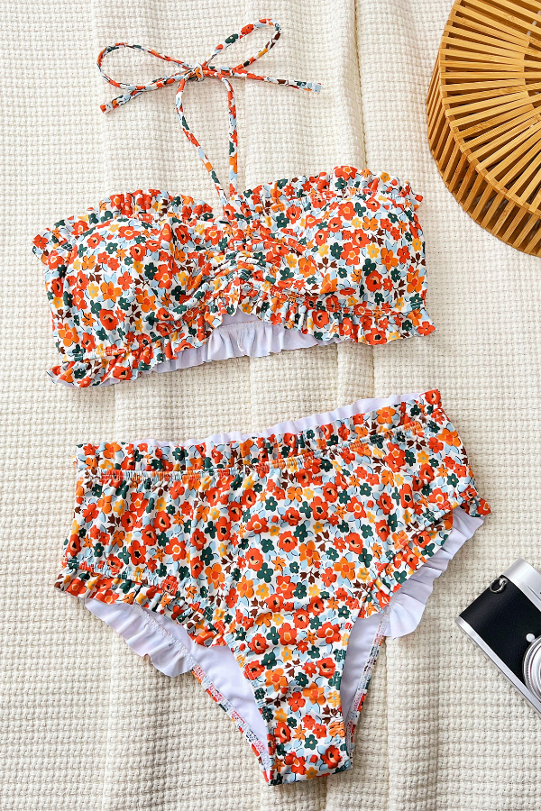 Floral Print Ruffled High-waisted Two-piece Stretch Bikini Swimsuit-consonak