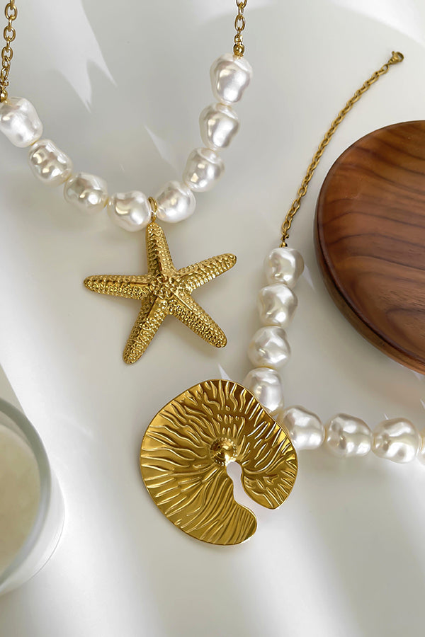 Bohemian Pearl Starfish Lotus Leaf Necklace-consonak