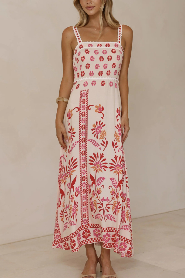 Floral Print Sleeveless Square Neck Casual Vacation Maxi Dress-consonak
