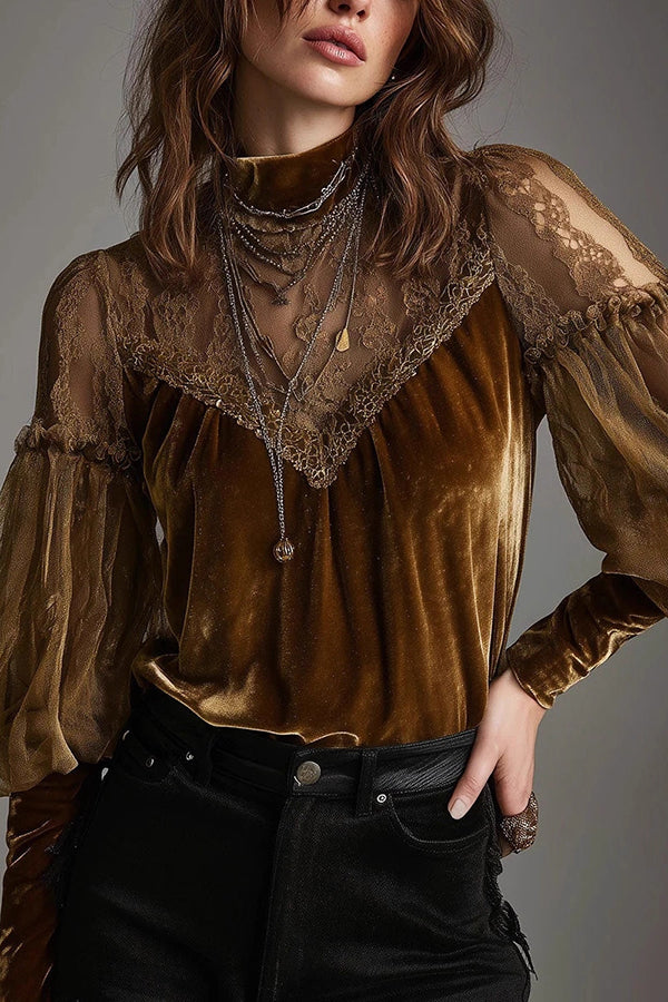 Fashionable Velvet and Mesh Patchwork Casual Long-sleeved Top-consonak