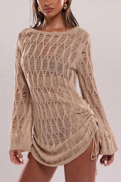 Fashionable Sheer Long-sleeved Backless Tie Slim-fit Mini Dress-consonak