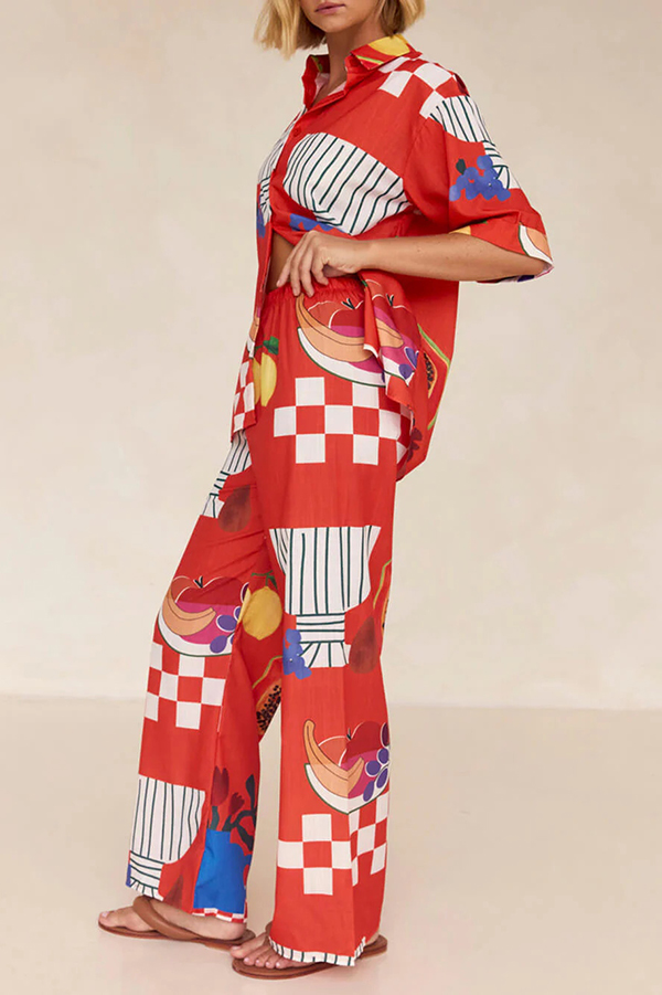 Unique Printed Casual Shirt and Elastic Waist Pants Set-consonak