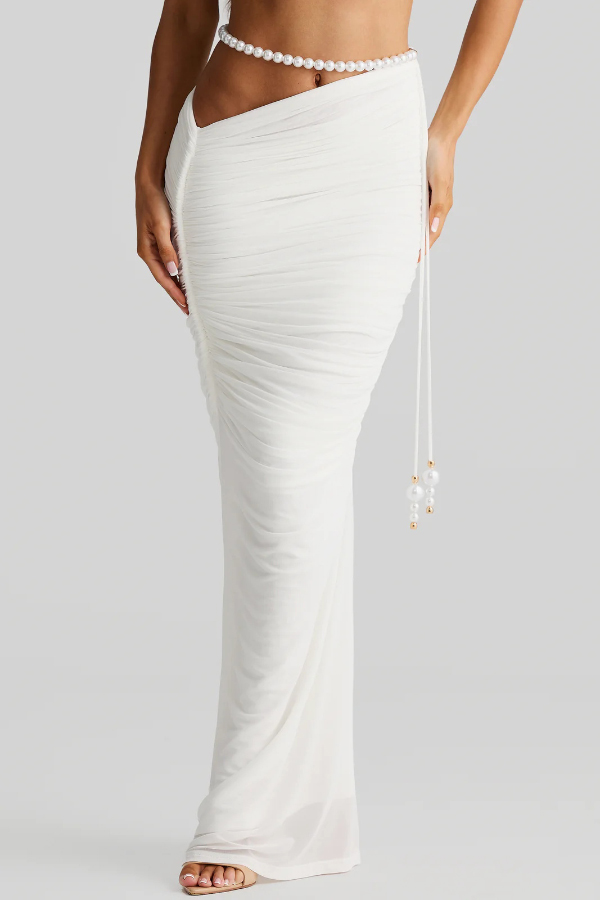 Imalia Stretch Mesh Pearl Trim Gathered Tank and  Detachable Belt Vacation Maxi Skirt Set-consonak