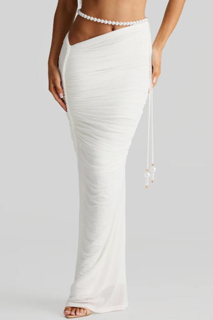 Imalia Stretch Mesh Pearl Trim Gathered Tank and  Detachable Belt Vacation Maxi Skirt Set-consonak