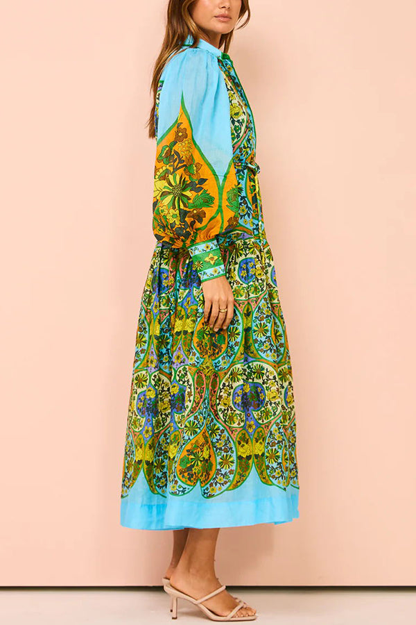 Feeling Butterflies Multi Unique Print Balloon Sleeve Belt Shirt Midi Dress-consonak