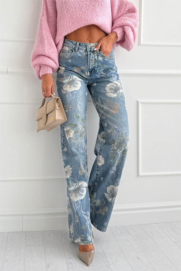 Uptown Bloom Denim Floral Print High Rise Pocket Straight Leg Jeans-consonak