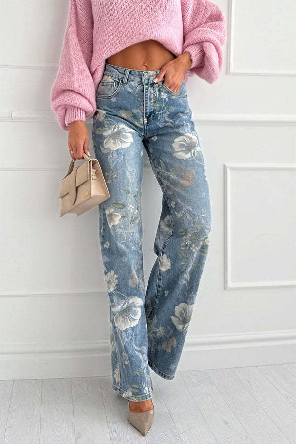 Uptown Bloom Denim Floral Print High Rise Pocket Straight Leg Jeans