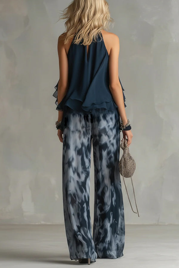Navy Blue Camisole and Printed Wide-leg Chiffon Suit-Consonak