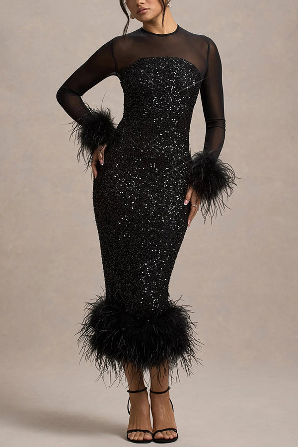 Glamor and Drama Mesh Sequin Patchwork Feather Trim Stretch Midi Dress | Consonak