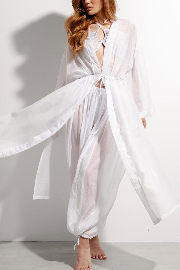 Flowy Linen Blend Halter Tank & Elastic Waist Tie-up Wide Leg Pants & Kimono Cover-Ups 3pieces Set