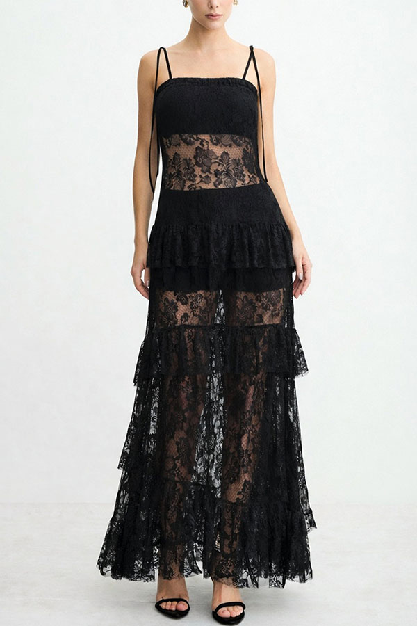Abigail Floral LaceTiered Ruffles Tie-up Shoulder A-line Maxi Dress-consonak