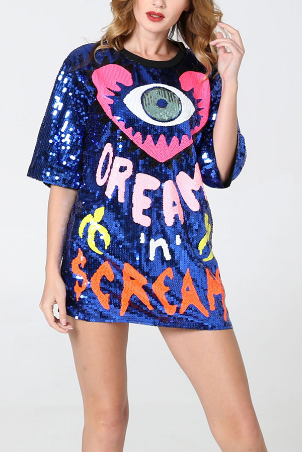 Love Eyes Letters Sequined Round Neck Short Sleeve Mid-Length Loose T-Shirt | Consonak
