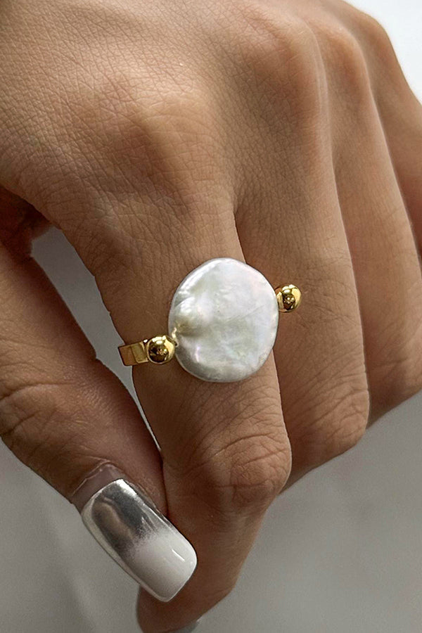 Fashion Button Pearl Polished Elegant Ring-consonak