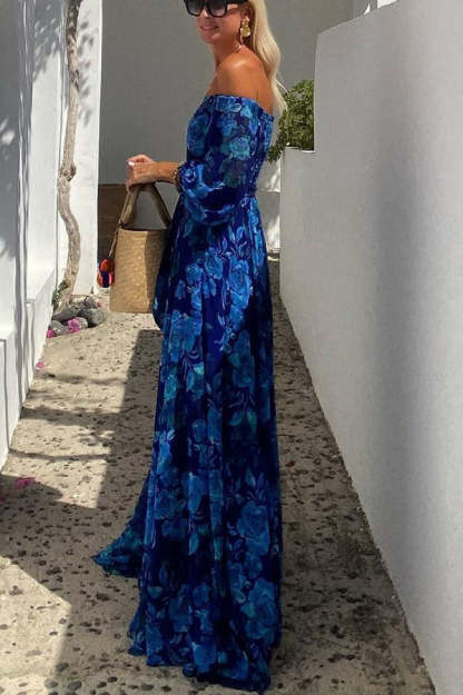 Ladies' One Shoulder Blue Flower Design Sexy Off Shoulder Back Smoke Vacation Long Dress-consonak