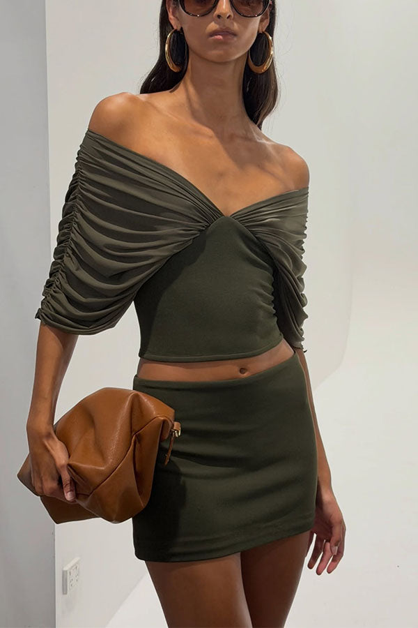 Sienna Olive Ruched Off-The-Shoulder 2-Piece Matching Set-Consonak