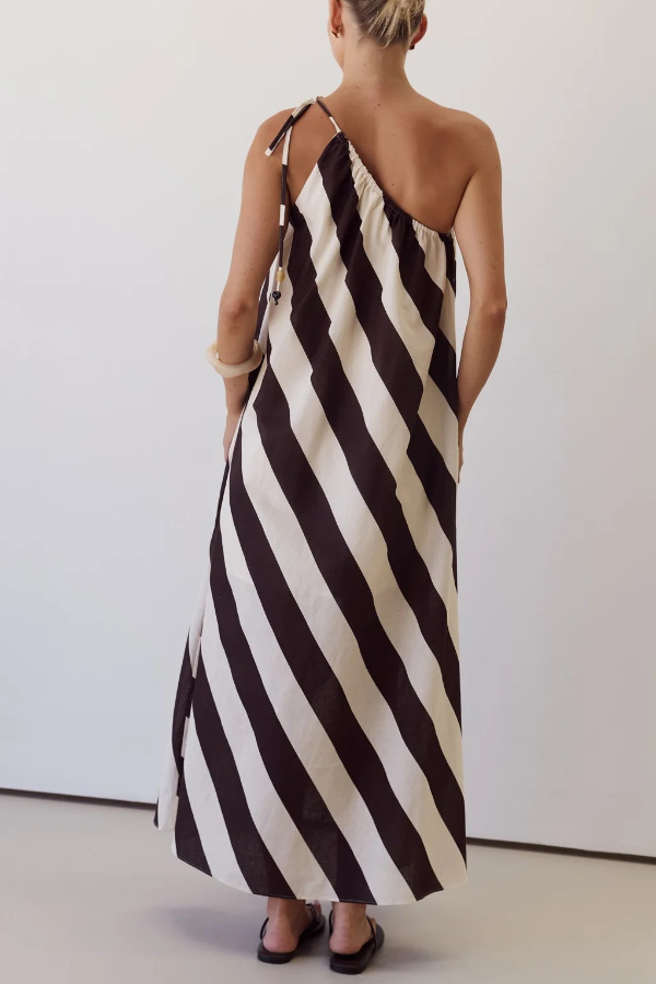 Fashionable Striped Print Loose One-shoulder Tie Vacation Maxi Dress
