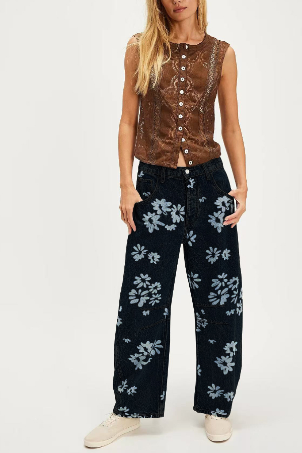 Fashionable Printed Casual Loose Mid-rise Pocket Leg Jeans