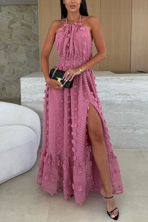 Gloria Embroidery Flowers Elastic Waist Halter Backless Slit Maxi Dress-consonak