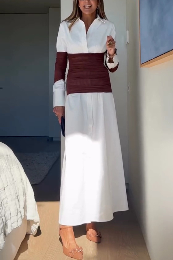 Fashionable Pleated Contrast Patchwork Waist Long Sleeve Button Shirt Maxi Dress-consonak