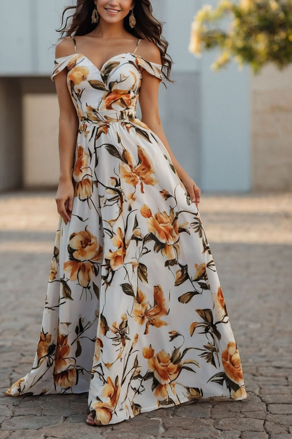 Floral Print Camisole Waist-cinching Elegant Maxi Dress