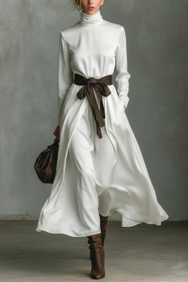 Stylish Color-blocked Belted High-neck Long-sleeved Casual Maxi Dress