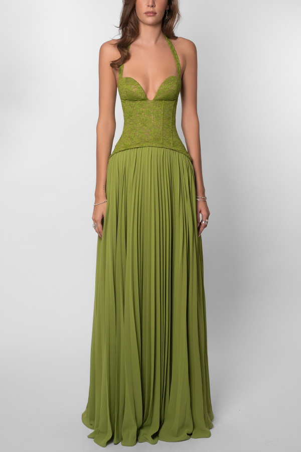 Elegant Lace Patchwork Halter Neck Tie Backless Pleated Maxi Dress-consonak