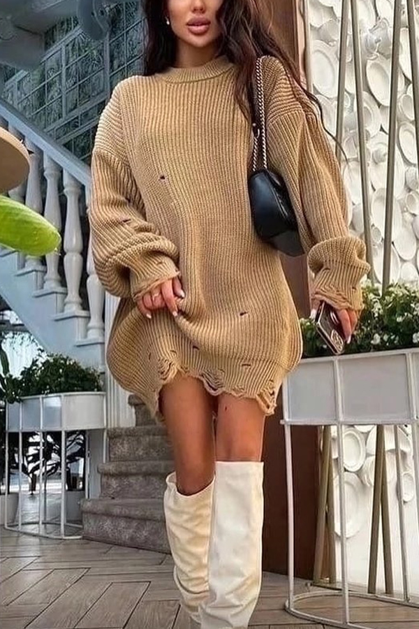 Solid Color Loose Ripped Knitted Mid-length Sweater-consonak