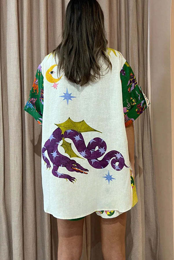 Holidays of Heaven Linen Blend Special Unique Printed Blouse and Elastic Waist Pocketed Shorts Set-consonak