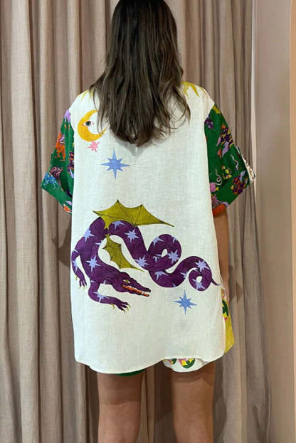 Holidays of Heaven Linen Blend Special Unique Printed Blouse and Elastic Waist Pocketed Shorts Set-consonak