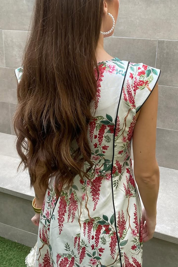Kaydien Linen Blend Floral Print Contrast Princess Line Short Sleeve Maxi Dress-consonak