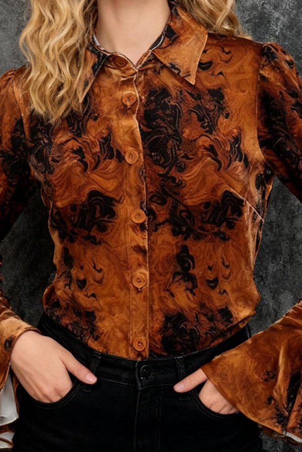Unique Printed Velvet Flared Long-Sleeve Casual Shirt-consonak