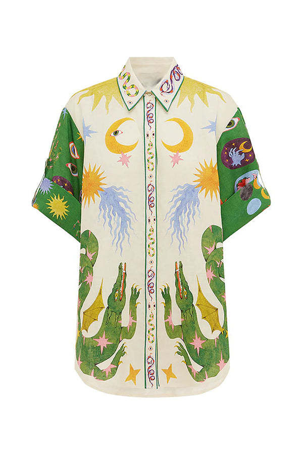 Holidays of Heaven Linen Blend Special Unique Printed Blouse and Elastic Waist Pocketed Shorts Set-consonak