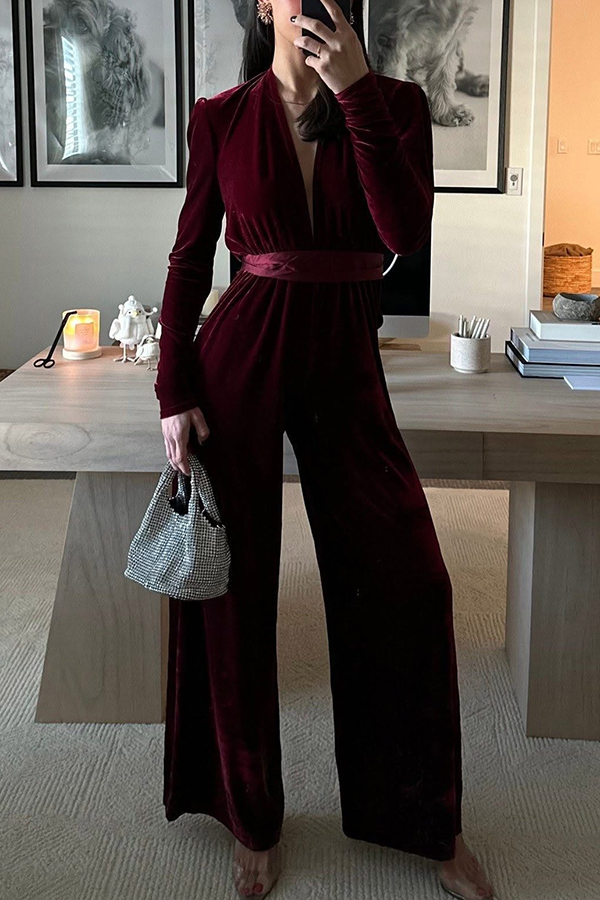 Love One Another Velvet Bow Belted Pocket Cutout Back Loose Jumpsuit-consonak