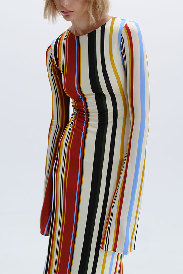 Vibrant Holiday Colorful Striped Print Extra Long Sleeve Fitted Flared Maxi Dress-consonak