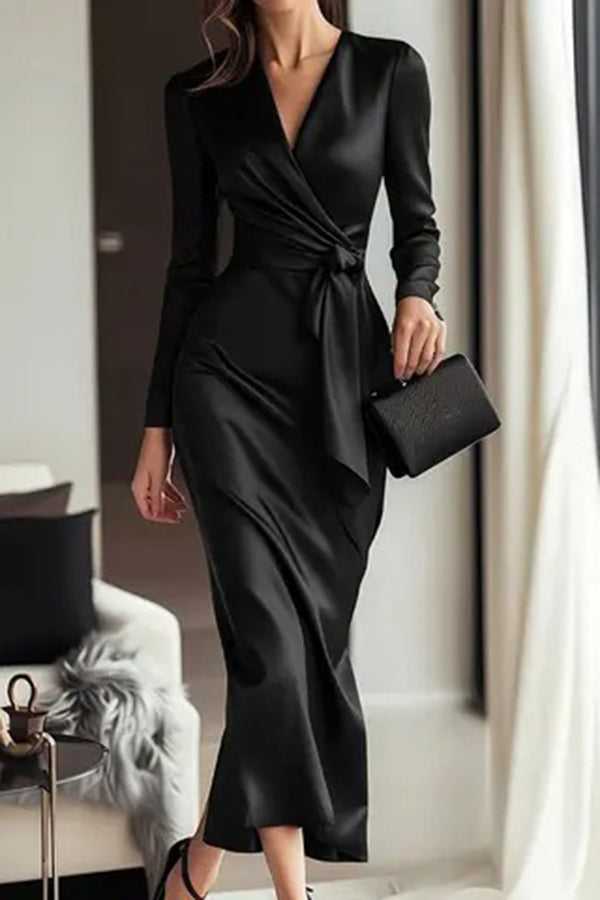 Solid Color Satin V-neck Long Sleeve Waist Tie Slim Midi Dress-consonak