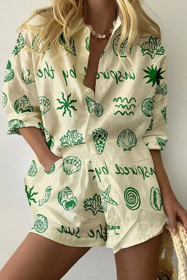 Undersea Creature Print Button Pockets Elastic Waist Shorts Set-consonak