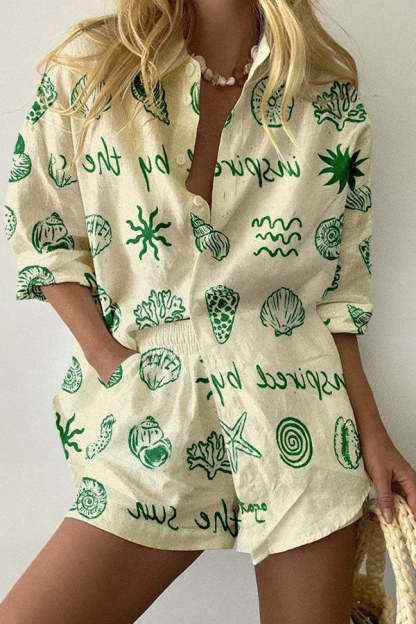 Undersea Creature Print Button Pockets Elastic Waist Shorts Set-consonak