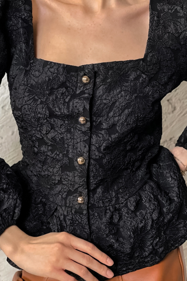 Solid Color Jacquard Square Neck Puff Sleeve Elegant Button Top