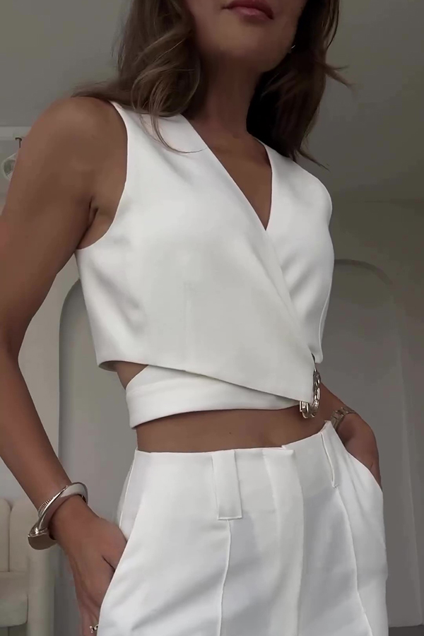 Crossover Slim Fit Sleeveless Vest and High Waisted Wide Leg Pants Set-consonak