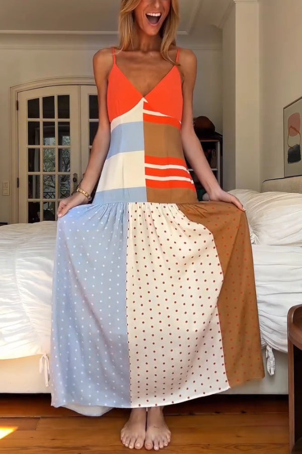 Vibrant Touch Color-blocked Polka Dot Print Slip Pleated Hem Maxi Dress | Consonak