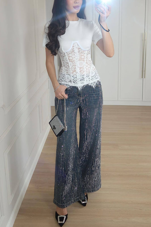 Deelia Lace Fishbone Short Sleeve Back Lace-up Waisted T-shirt-consonak