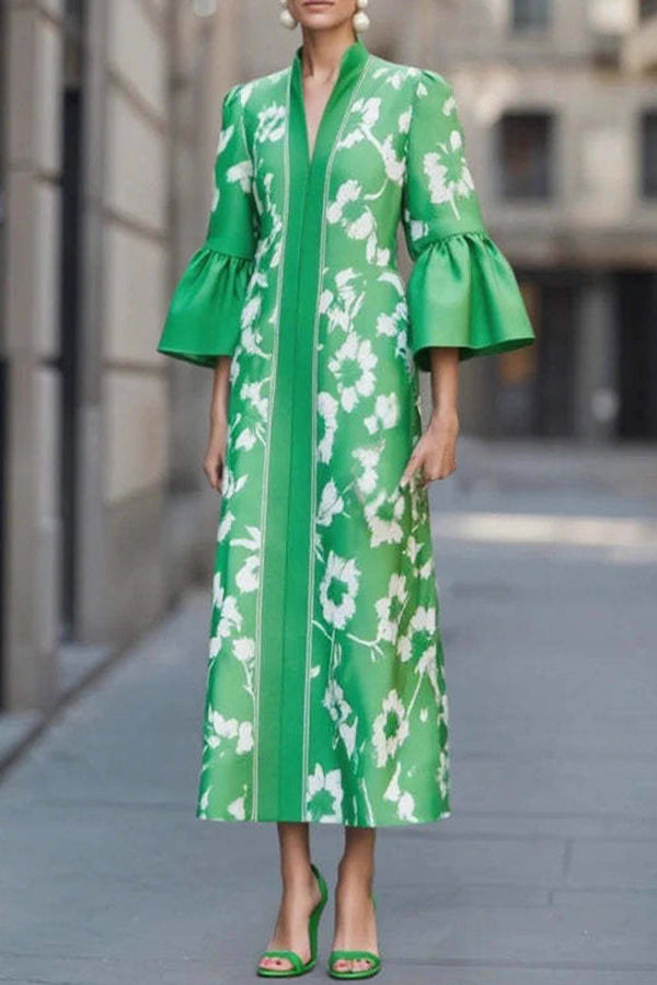 Unique Print Loose V-Neck Casual Holiday Maxi Dress-consonak