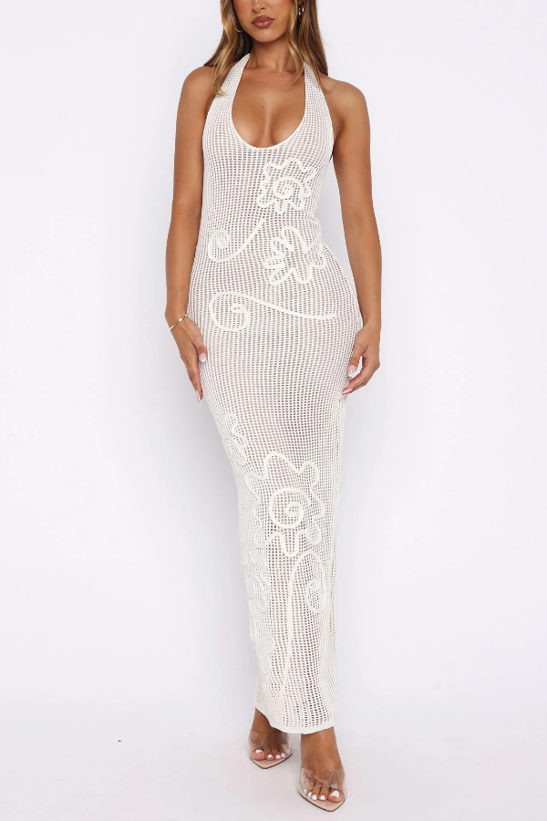 Solid Color Openwork Knit Backless Slim Fit Vacation Cover-up Maxi Dress-consonak